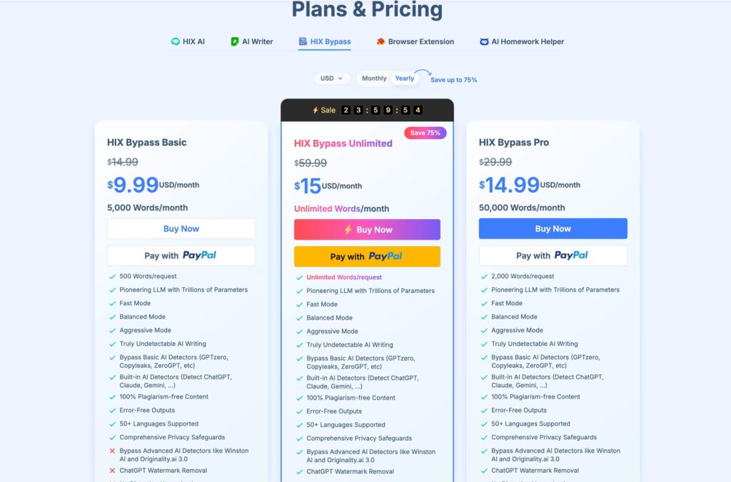HIX Bypass KI-Humanizer-Preispläne: Basic (9,99 $/Monat für 5.000 Wörter), Unlimited (15 $/Monat) und Pro (14,99 $/Monat für 50.000 Wörter) mit mehrsprachiger Unterstützung, integriertem KI-Detektor, plagiatfreier Ausgabe und ChatChatGPT-Wasserzeichen-Entfernung.
