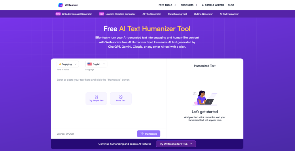 Writesonic free AI humanizer tool