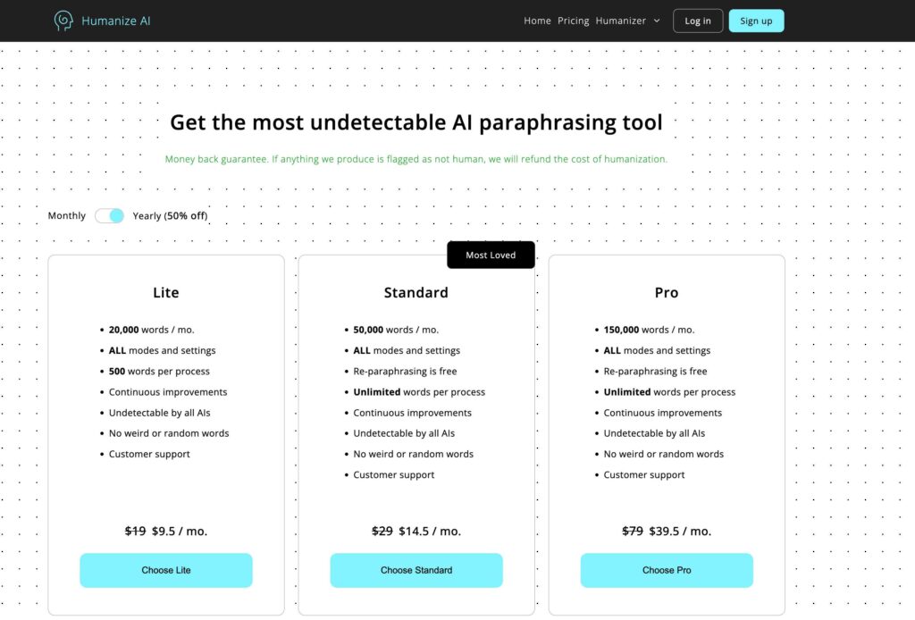 Humanize AI-Preispläne optimiert für KI-Erkennungsumgehung, einschließlich Lite (9,50 $/Monat für 20.000 Wörter), Standard (14,50 $/Monat für 50.000 Wörter) und Pro (39,50 $/Monat für 150.000 Wörter) mit unbegrenztem Neu-Paraphrasieren und vollem Moduszugriff.