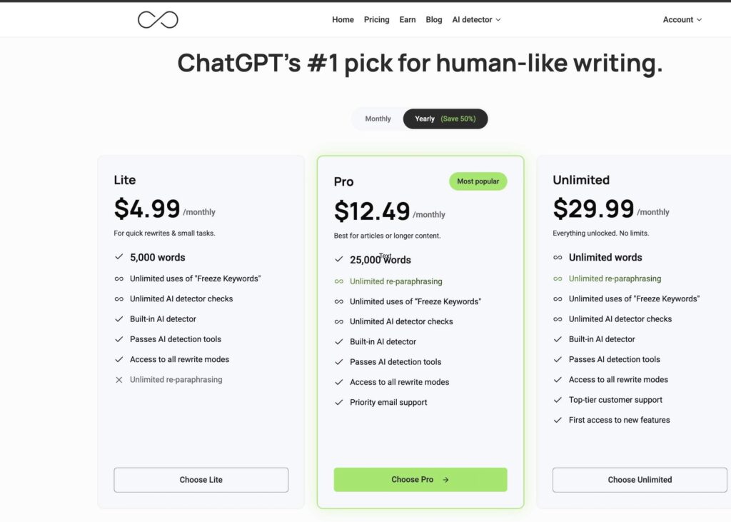 ChatGPTinf-Preispläne für KI-Humanizer und KI-Erkennungs-Tools, mit Lite für 4,99 $/Monat für 5.000 Wörter, Pro für 12,49 $/Monat für 25.000 Wörter und Unlimited für 29,99 $/Monat mit unbegrenztem Neu-Paraphrasieren und KI-Prüfer-Zugriff.