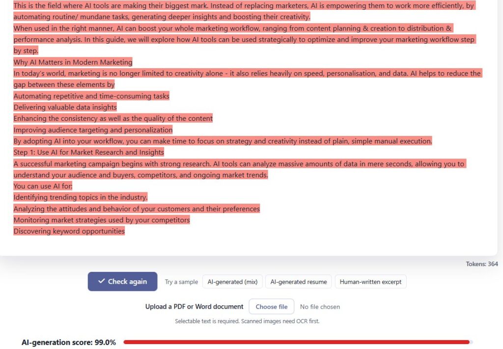 Sapling Results: Mixed Essay (AI Article → Human Paraphrased)
