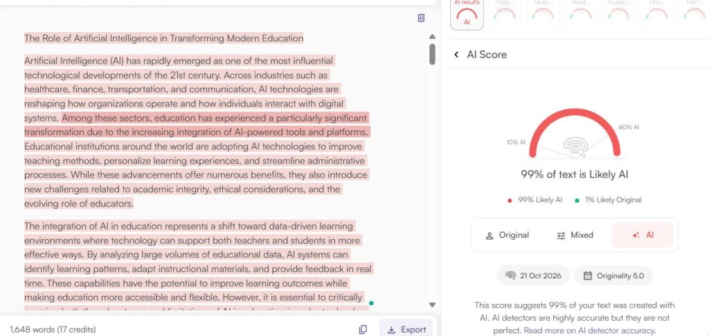 Originality.ai Results: AI Academic Essay