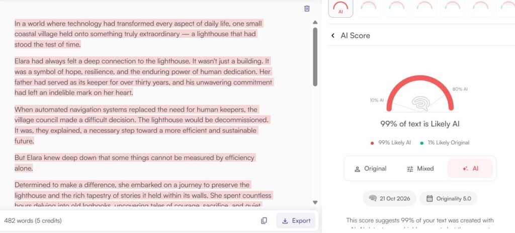Originality.ai Results: AI Creative Writing