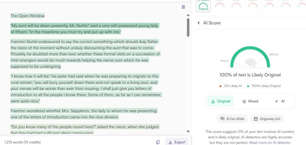 Originality.ai Results: Human Creative Writing