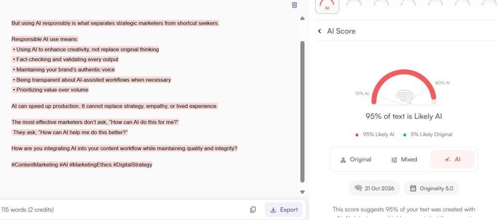 Originality.ai Results: AI Social Media Post