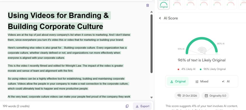 Originality.ai Results: Human Social Media Post