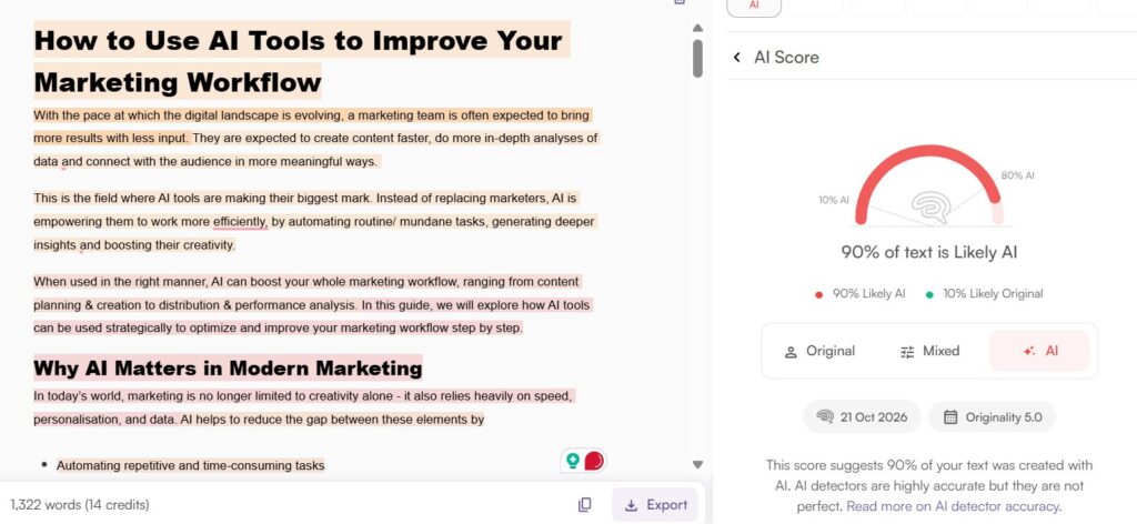 Originality.ai Results: Mixed Essay (AI Article → Human Paraphrased)