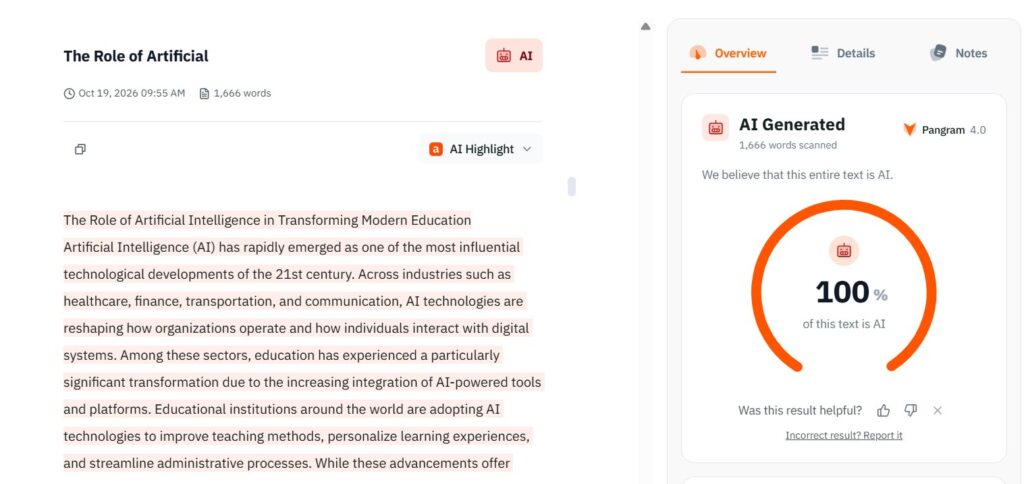 Pangram Results: AI Academic Essay
