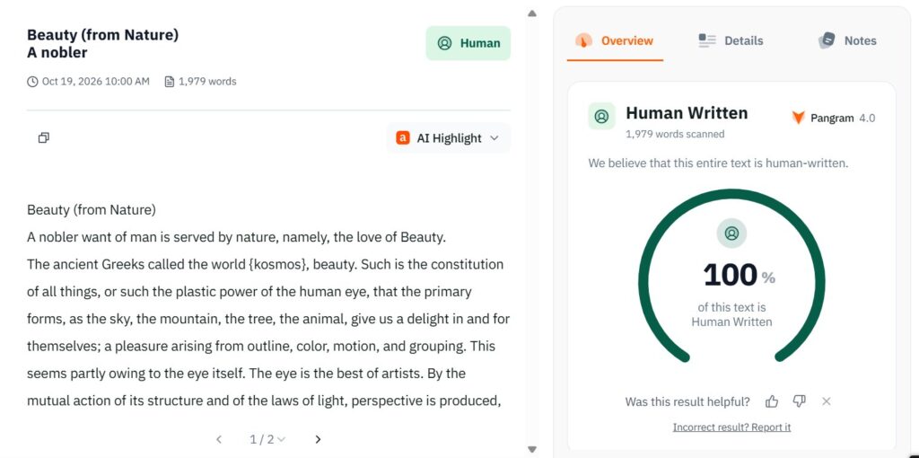 Pangram Results: Human Academic Essay