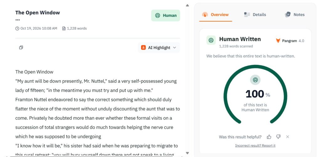 Pangram Results: Human Creative Writing