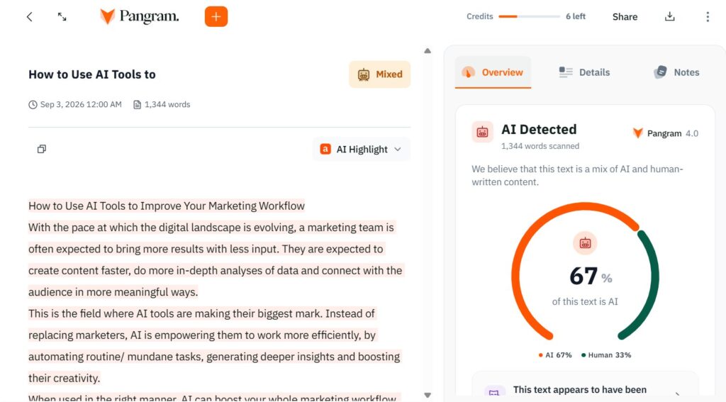 Pangram Results: Mixed Essay (AI Article → Human Paraphrased)
