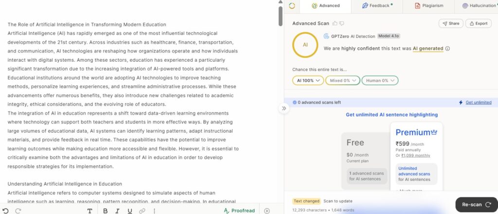 GPTZero Results: AI Academic Essay