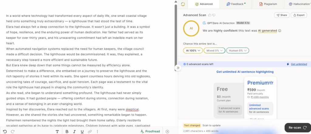 GPTZero Results: AI Creative Writing