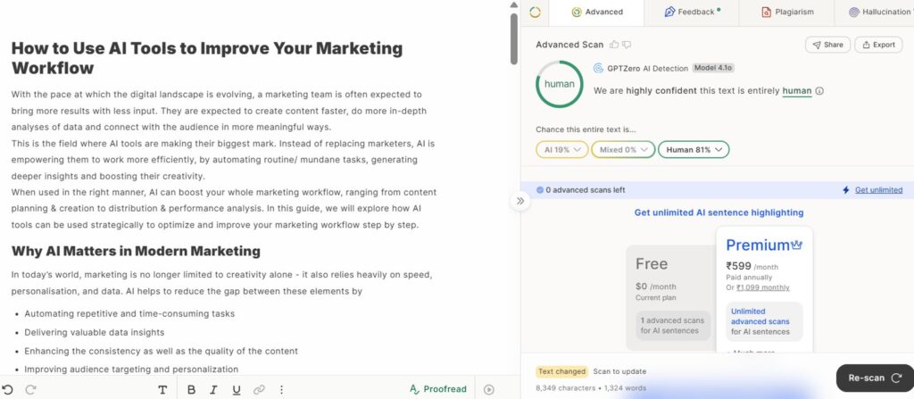 GPTZero Results: Mixed Essay (AI Article → Human Paraphrased)