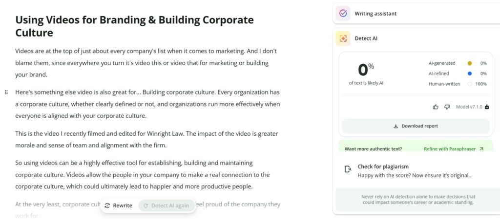 QuillBot Results: Human Social Media Post