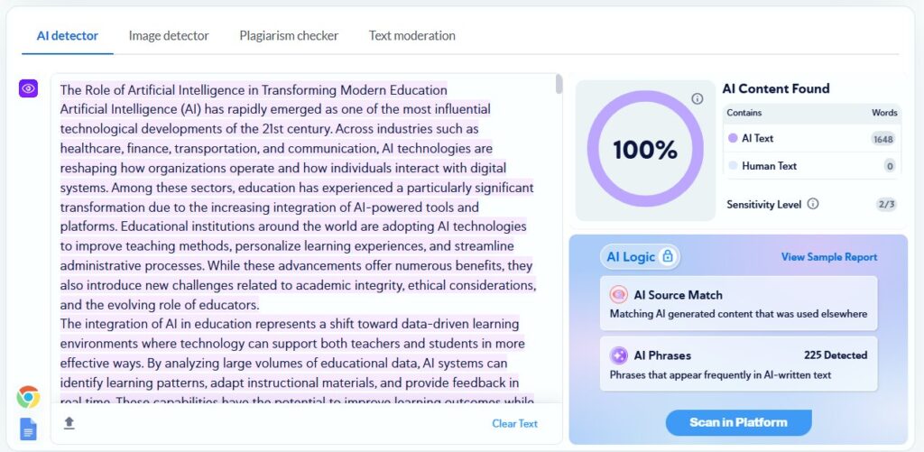 Copyleaks Results: AI Academic Essay