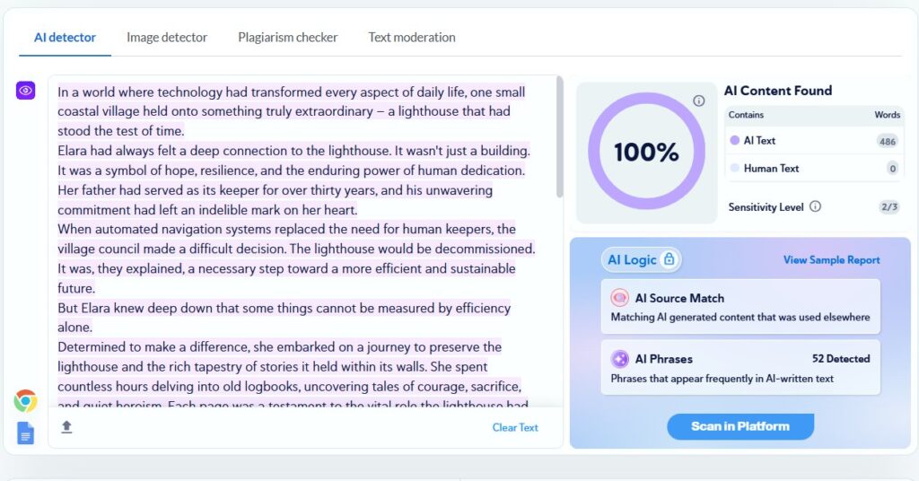 Copyleaks Results: AI Creative Writing