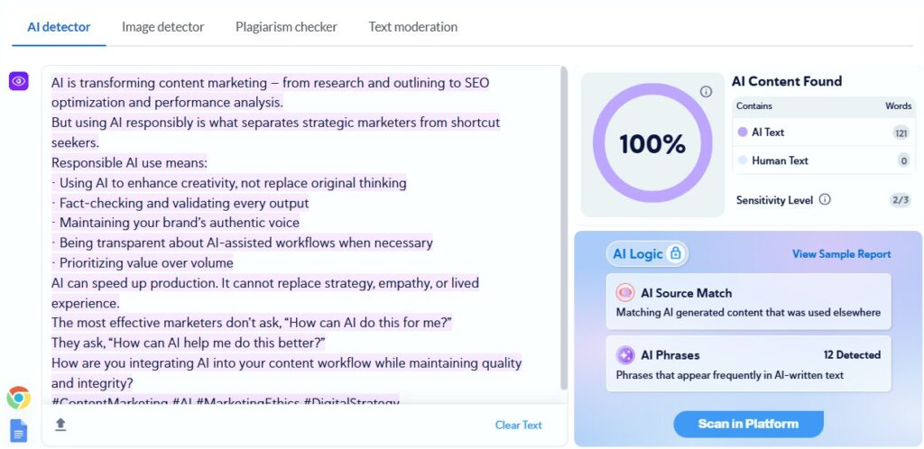 Copyleaks Results: AI Social Media Post