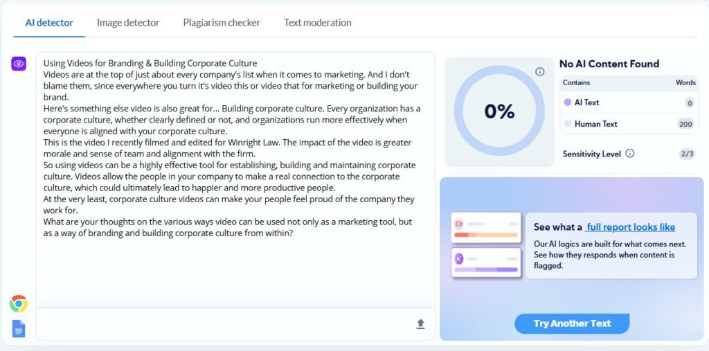 Copyleaks Results: Human Social Media Post
