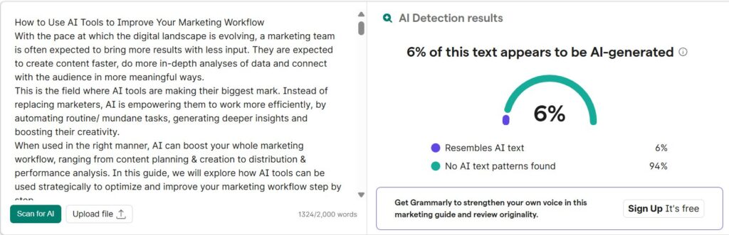 Grammarly Results: Mixed Essay (AI Article → Human Paraphrased)