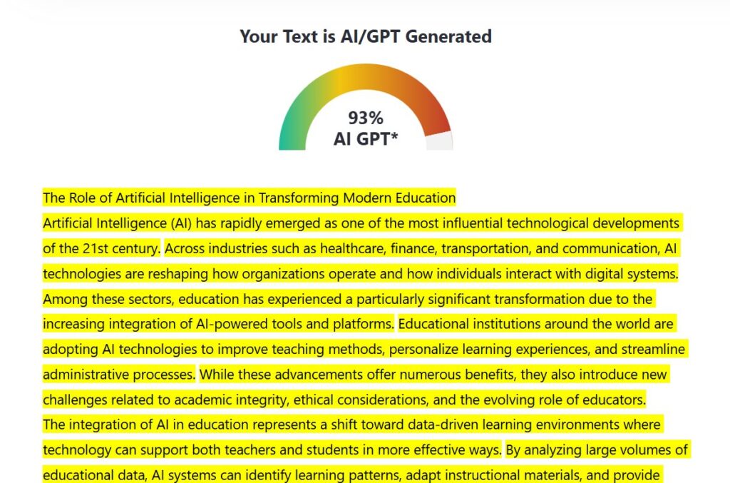 ZeroGPT Results: AI Academic Essay