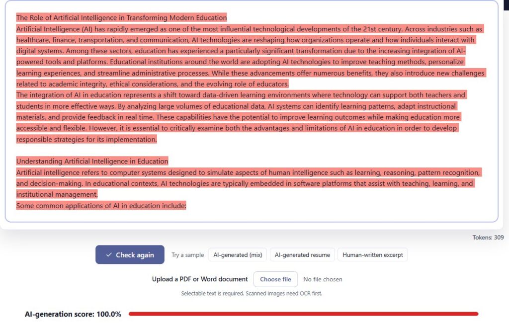 Sapling Results: AI Academic Essay