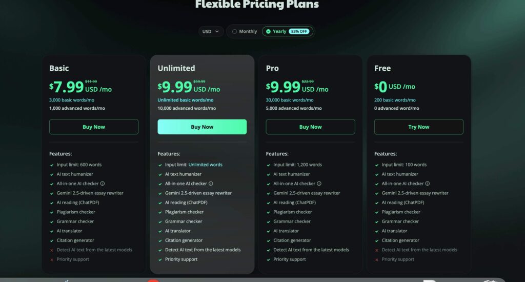 Humbot KI-Umschreibungs- und Humanisierungs-Tool-Preisstaffeln: Kostenlos, Basic (7,99 $/Monat), Unlimited (9,99 $/Monat) und Pro (9,99 $/Monat) einschließlich Funktionen wie Grammatikprüfer, KI-Erkennung, Zitatgenerator und Essay-Umschreiben mit Gemini 2.5.