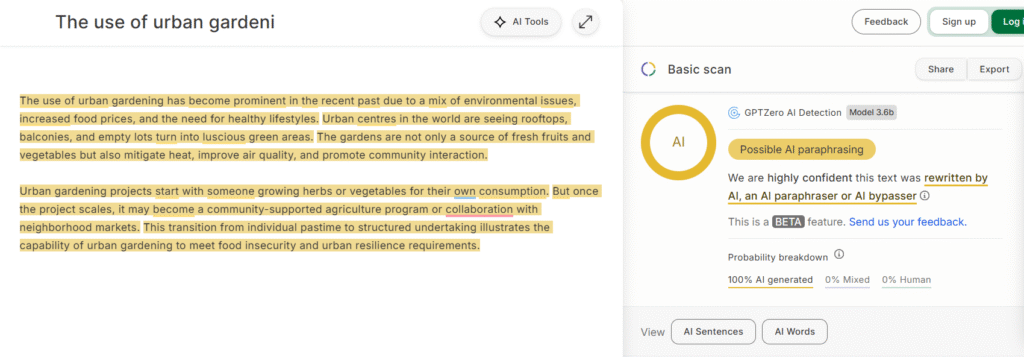 Walter writes Ai Detector rating text as AI written