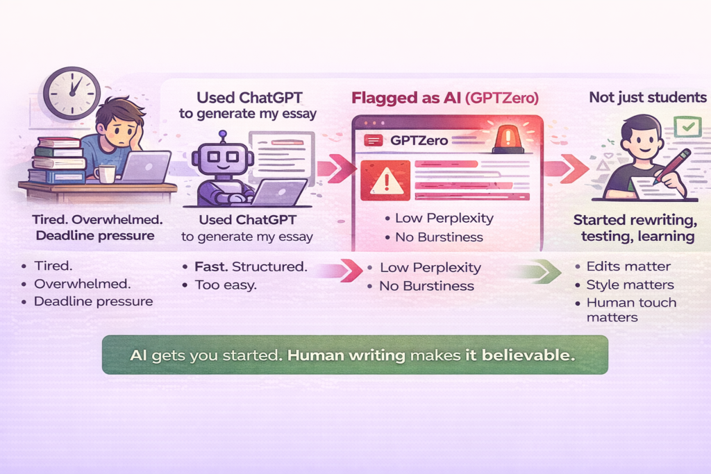An infographic shows a stressed student using ChatChatGPT to write an essay, which gets flagged by ChatGPTZero for AI patterns like low perplexity and burstiness, leading them to rewrite and adopt more natural, human writing habits.
