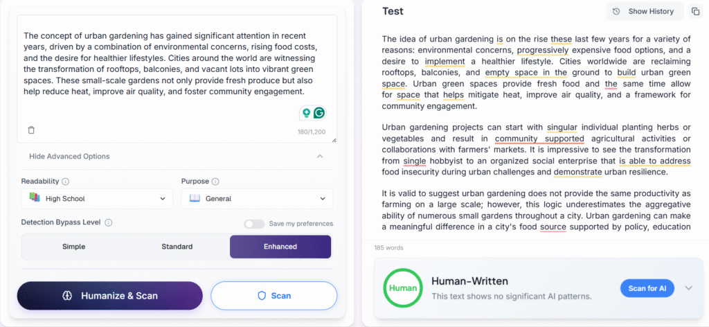 side to side comparison for AI text and Walter Write's Humanized Text scoring as Human