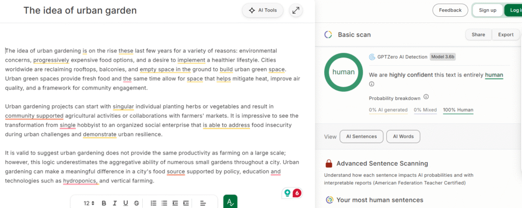 side to side comparison for AI text and Walter Write's Humanized Text scoring as Human