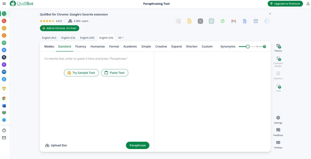 Screenshot of QuillBot’s paraphrasing tool interface showing available rewriting modes and Chrome extension prompt
