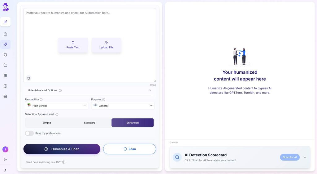 Walter Writes AI humanizer interface showing advanced options for readability, detection bypass level, and real-time AI detection results.