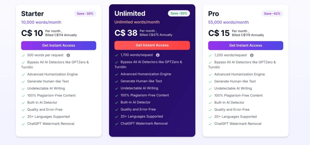 Walter Writes AI pricing and plans comparison showing Starter, Pro, and Unlimited tiers with features like plagiarism-free content, AI detector bypass, and ChatGPT watermark removal.