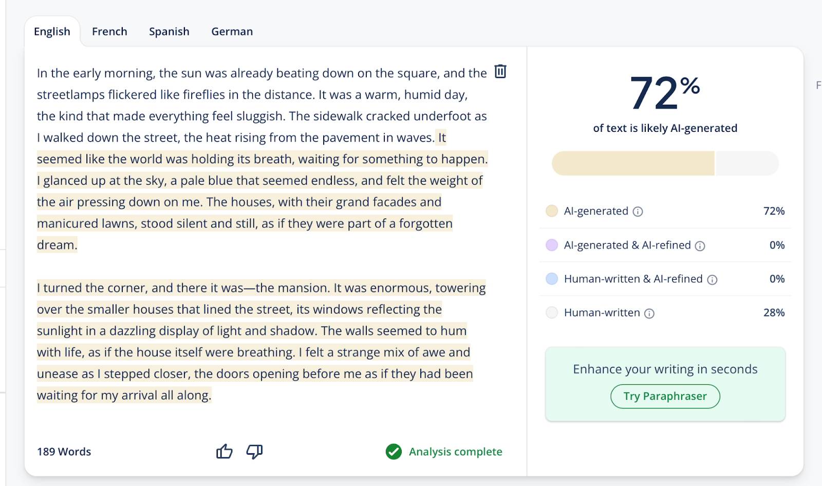 Quillbot AI detector tagging an excerpt written by F.Scott as mostly AI written