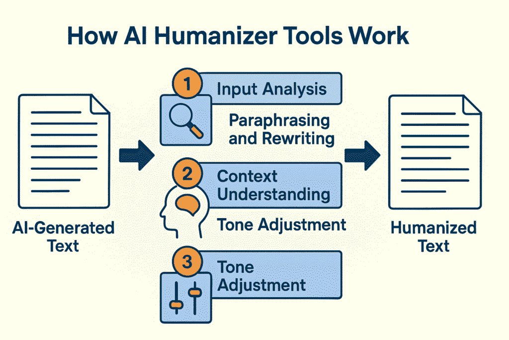 Illustratie die uitlegt hoe AI-humanizerhulpmiddelen werken, met een stroom van AI-gegenereerde tekst naar gehumaniseerde tekst. Het proces bestaat uit drie stappen: 1) Inputanalyse met parafraseren en herschrijven, 2) Contextbegrip en toonaanpassing, en 3) Aanpassing van de toon met behulp van visuele pictogrammen zoals een vergrootglas, een menselijk hoofd en audioschuifregelaars.