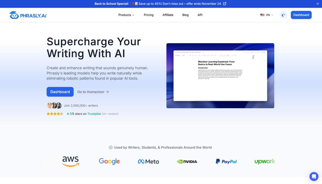 Screenshot of the Phrasly.AI homepage showing the headline 'Supercharge Your Writing With AI.' The page highlights that Phrasly helps users create natural, human-like writing by removing robotic patterns. It includes a call-to-action button labeled 'Dashboard,' mentions 2,000,000+ writers and a 4.7/5 Trustpilot rating, and displays partner logos such as AWS, Google, Meta, NVIDIA, PayPal, and Upwork.