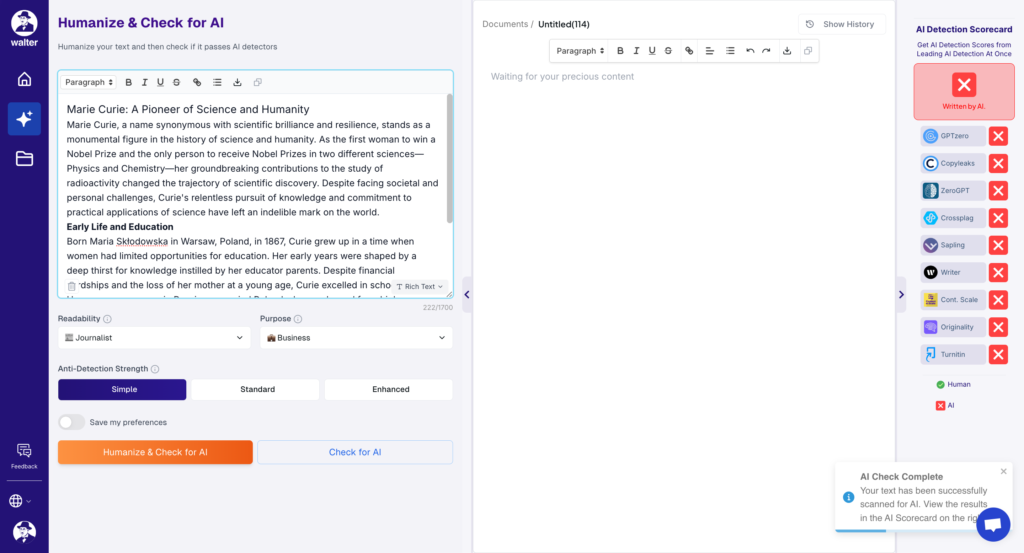 Walter Writes AI detector test