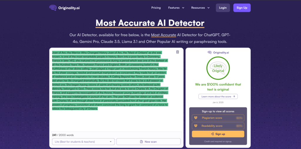 Originality.ai AI Detector Test using Walter AI's Humanized Text