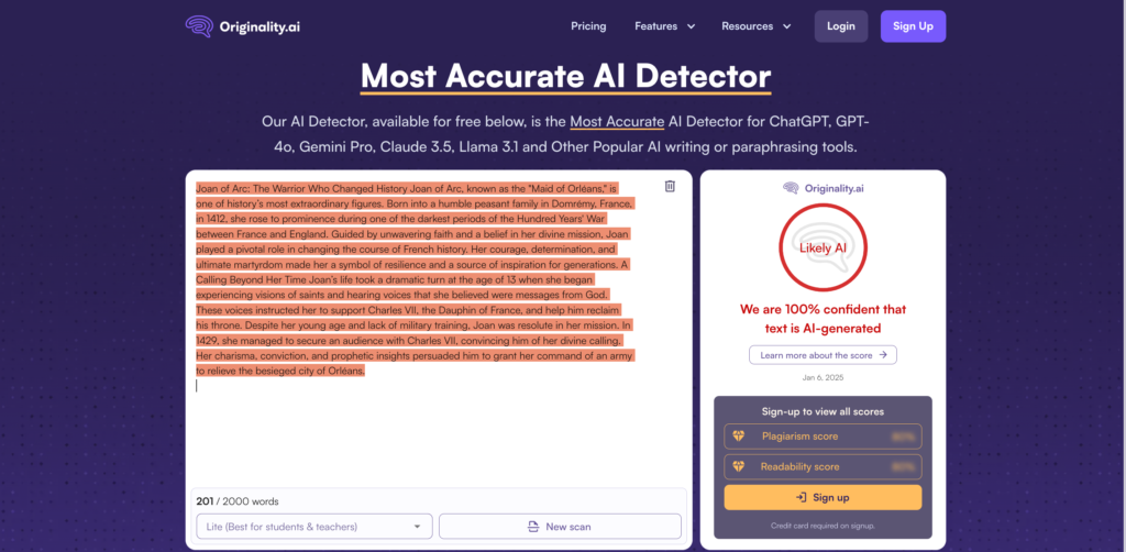 Originality.ai AI Detector Test