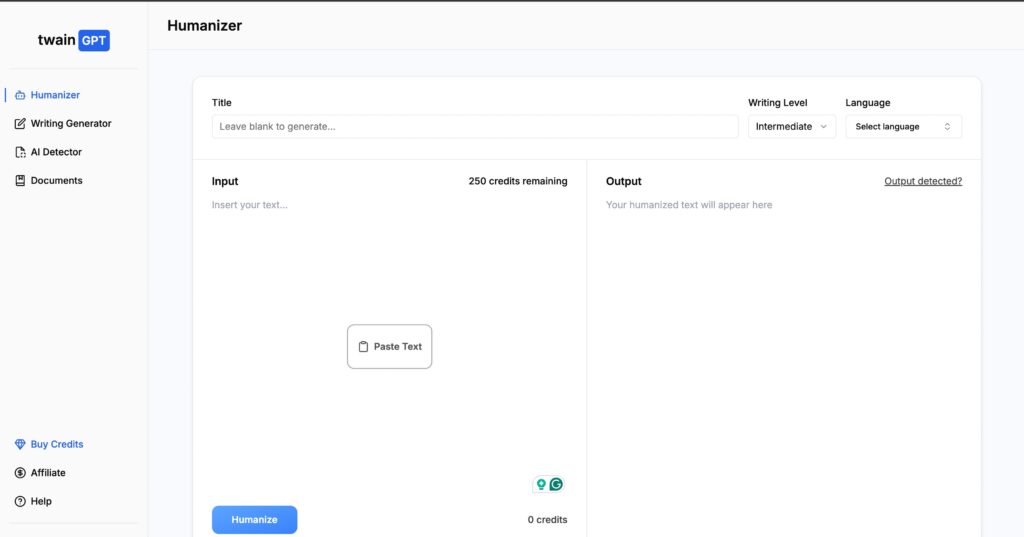 Twaingpt Humanizer interface showing input and output sections, with options for writing level, language selection, and a humanize button. The layout includes a sidebar menu for features like Writing Generator, AI Detector, and Documents.