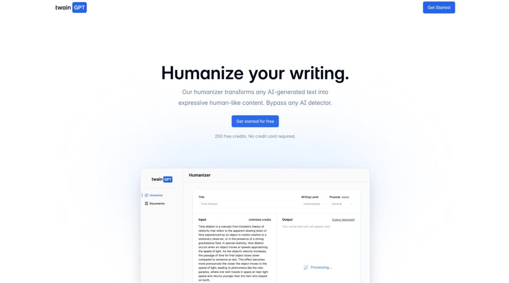 Twaingpt homepage showcasing its humanizer tool, which transforms AI-generated text into human-like content. The interface includes input and output fields, with features for writing level and purpose customization, highlighted by the tagline 'Humanize your writing.