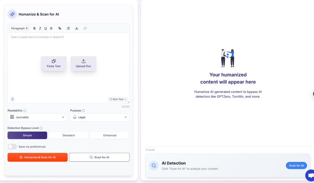 Screenshot of a content humanization and AI detection tool interface. The left side of the screen shows a text input area with options to paste text or upload a document. Dropdown menus for readability, purpose, and detection bypass level are available, alongside buttons for ‘Humanize & Scan for AI’ and ‘Scan for AI.’ The right side displays a placeholder indicating ‘Your humanized content will appear here,’ with instructions to bypass AI detectors like GPTZero and Turnitin.