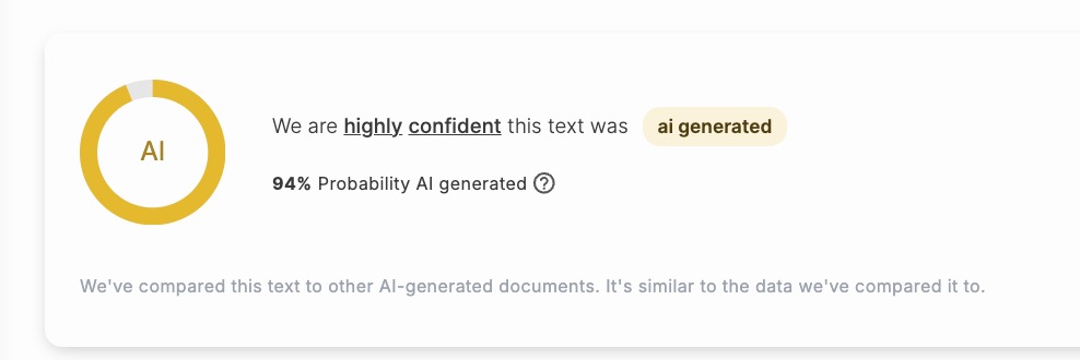 creenshot of an AI detection result indicating ‘high confidence’ that the analyzed text was AI-generated. The display shows a circular chart with a yellow segment representing ‘94% Probability AI generated.’ Below, a note explains that the text was compared to other AI-generated documents and found similar to the referenced data.