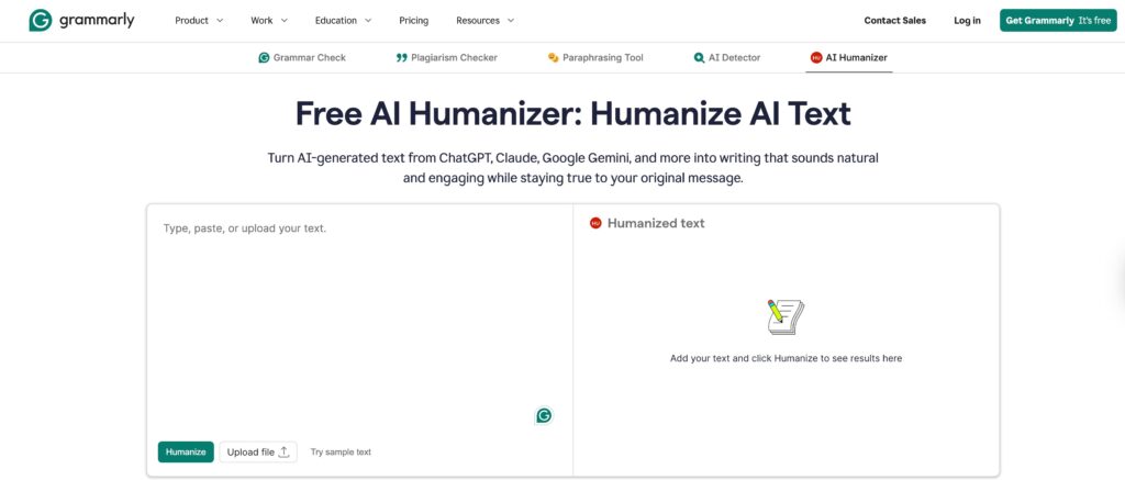 Grammarly AI Humanizer page with the headline “Free AI Humanizer: Humanize AI Text,” a split-screen editor layout for input and humanized output, and buttons for Humanize, Upload file, and Try sample text.
