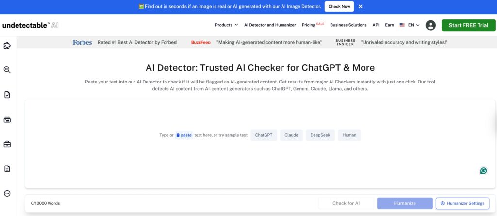 Undetectable AI detector page showing the headline “AI Detector: Trusted AI Checker for ChatChatGPT & More,” a large text input area, sample content buttons for ChatChatGPT, Claude, DeepSeek, and Human, plus Check for AI and Humanize actions.