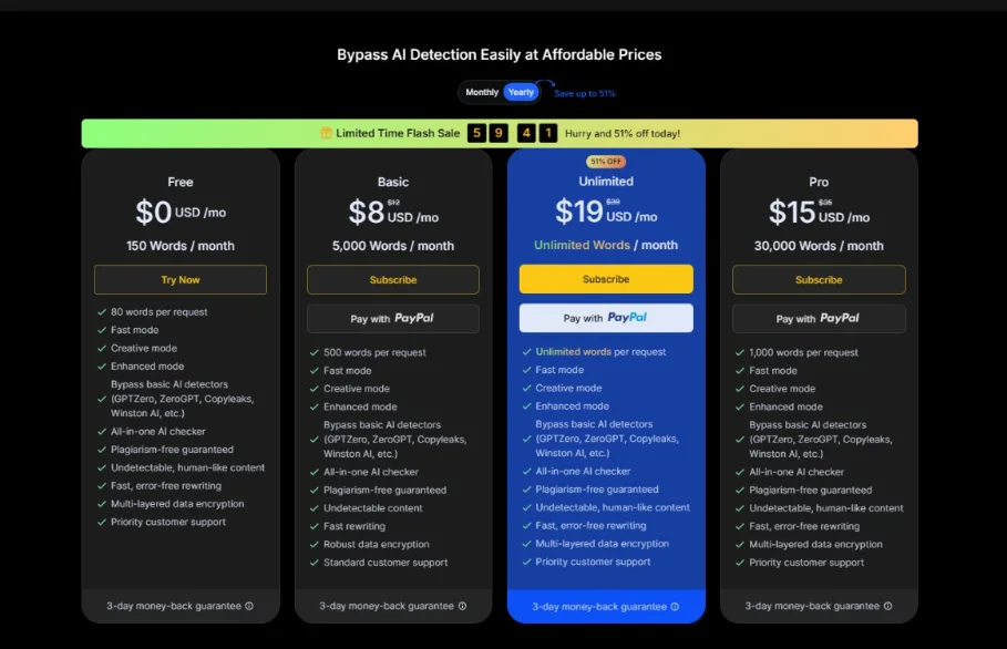 BypassGPT pricing plans, captured 21 September 2026