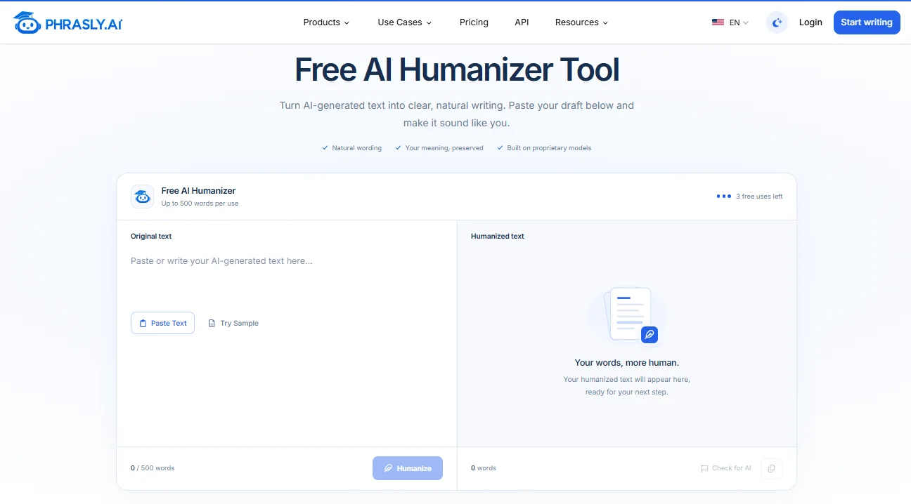 Phrasly AI humanizer interface