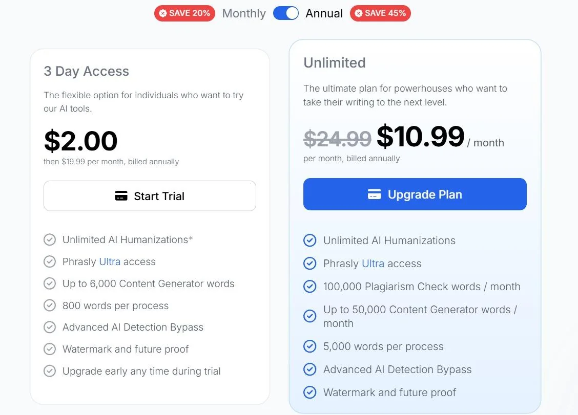 Phrasly AI pricing plans, captured 21 September 2026
