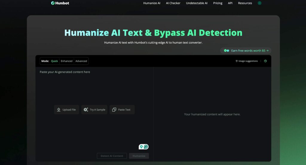 Schermafbeelding van de interface van Humbot AI met de modi Snel, Verbeterd en Geavanceerd voor het omzetten van door AI gegenereerde tekst in mensachtig schrift.